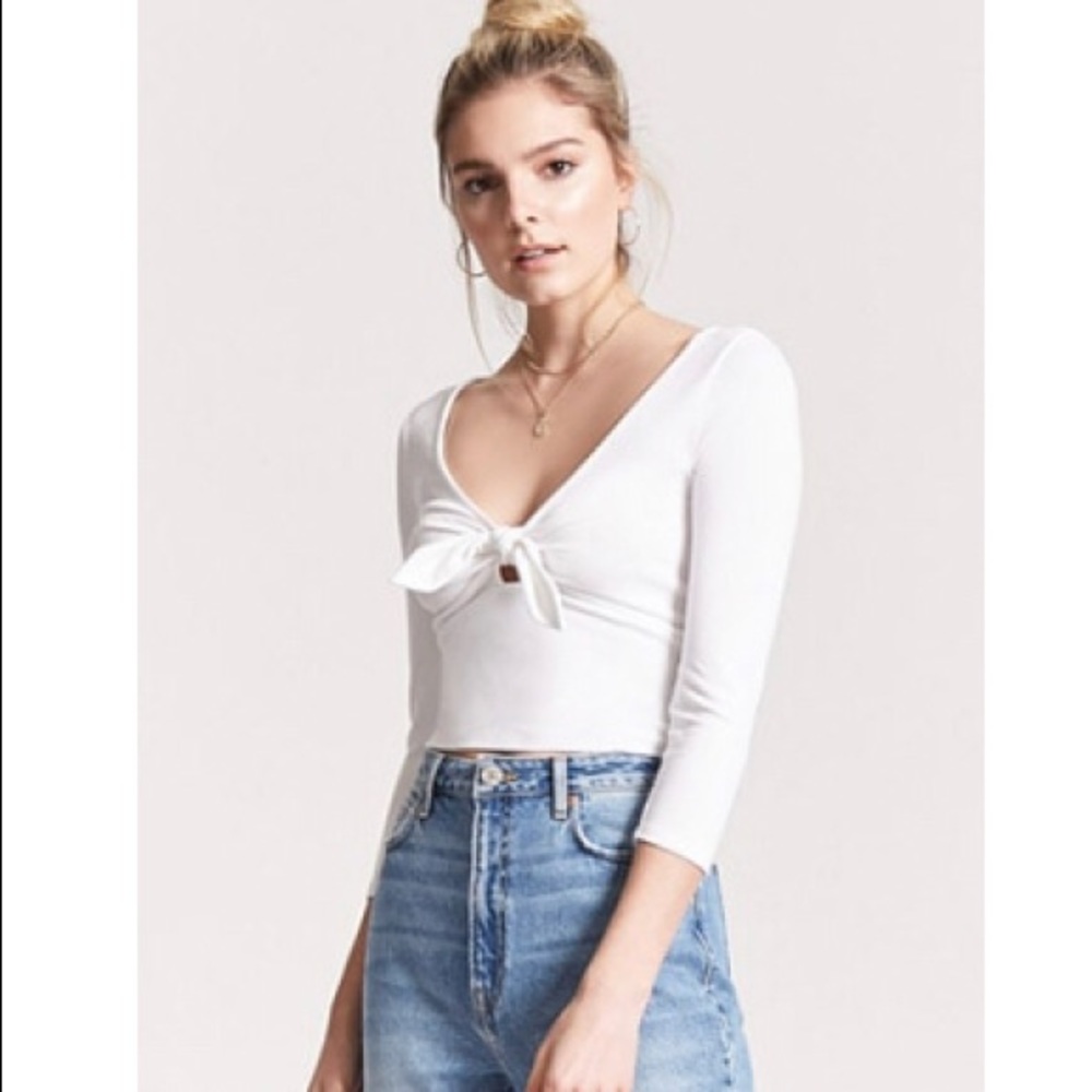 White Ribbed Tie Front Top